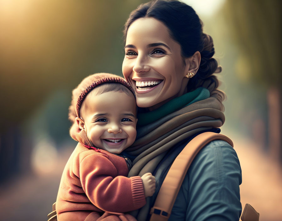 Smiling woman and toddler in warm embrace outdoors