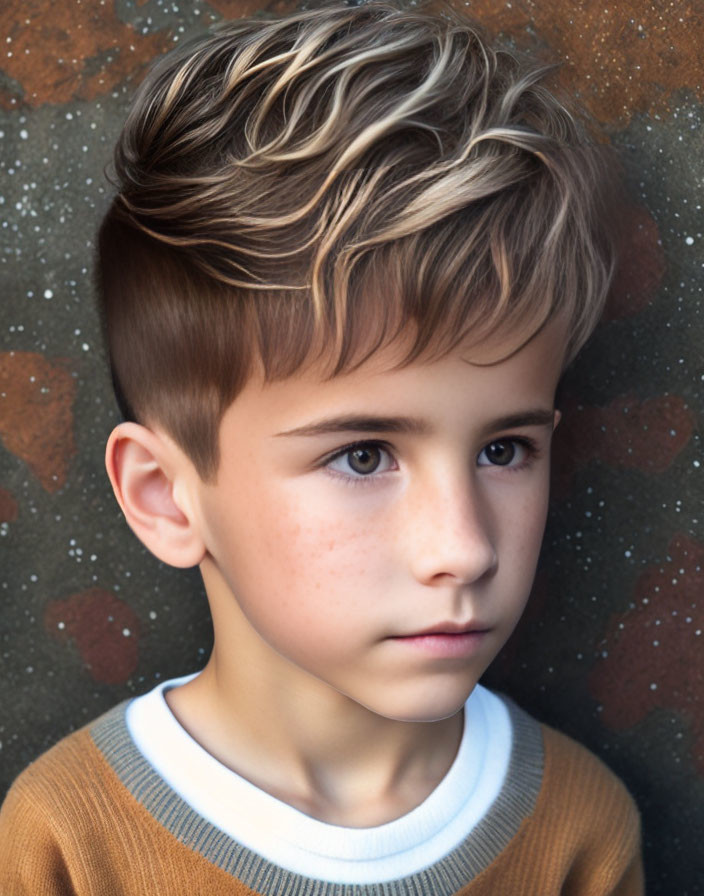 Stylish young boy with thoughtful expression on speckled brown background