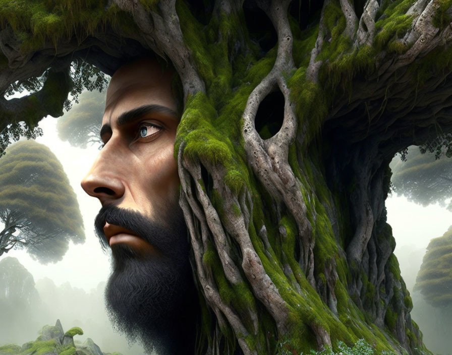 Man's face merges with gnarled tree in misty forest