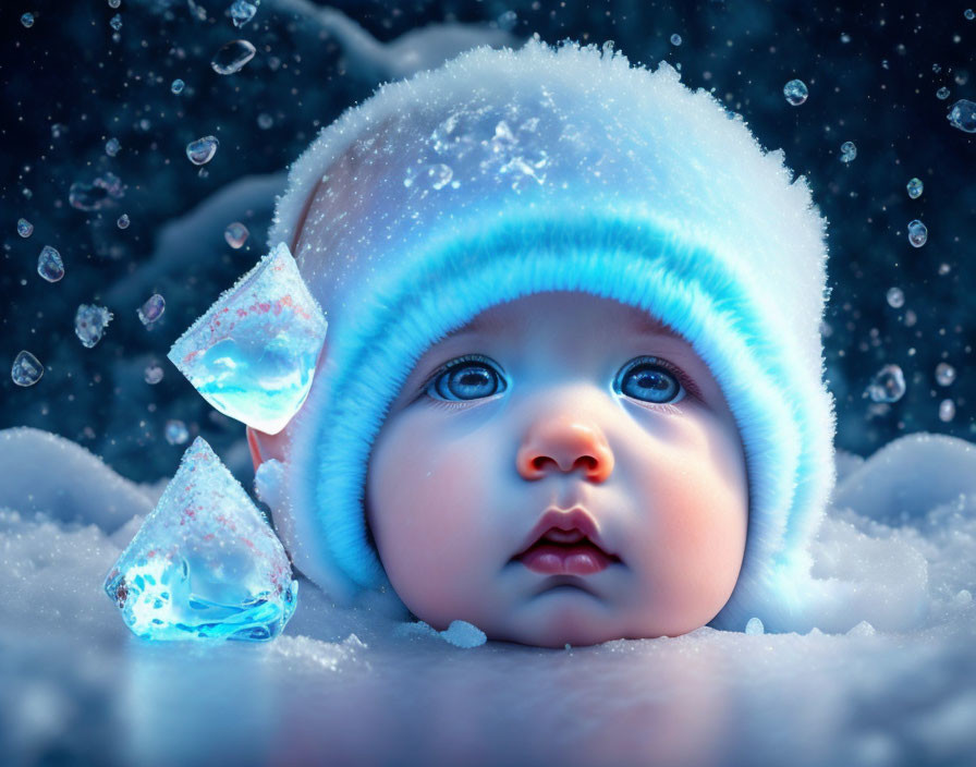 Wide-eyed baby in fluffy blue hat amidst snowflakes and ice crystals