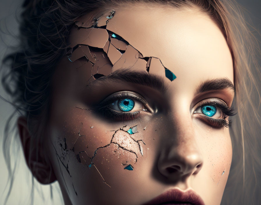 Portrait of a woman with striking blue eyes and cracked, earthy textures