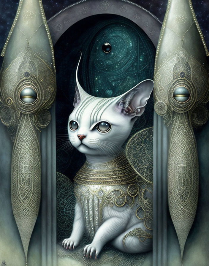 Majestic white cat with intricate armor patterns under cosmic backdrop