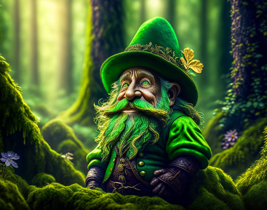 Cheerful gnome in green hat and coat in mossy forest with soft light