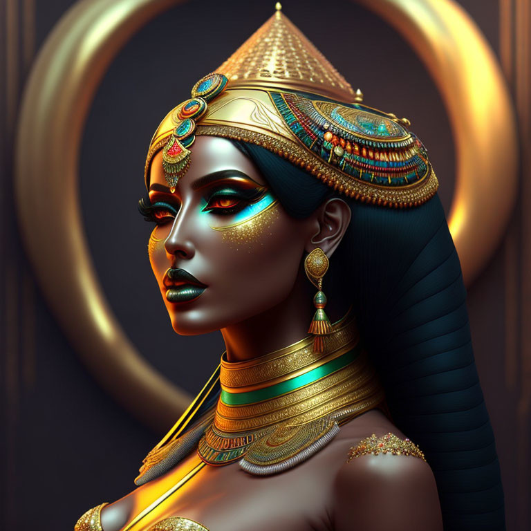 Digital portrait of a woman with Egyptian royalty traits: elaborate headdress, jewelry, and striking makeup