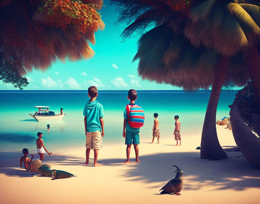 Children on tropical beach with palm trees and boat in the sea