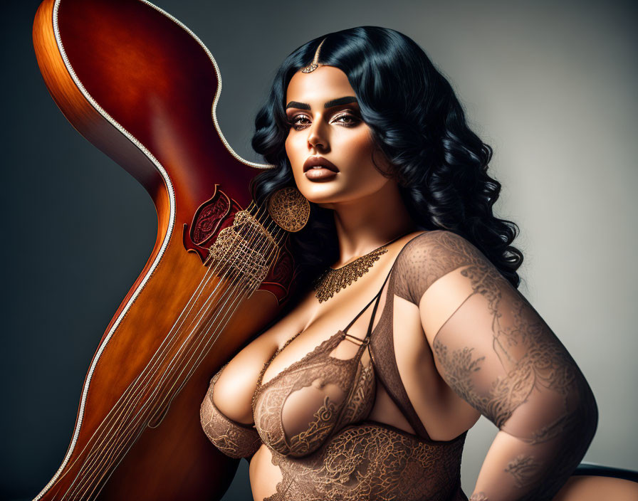 Dark-haired woman poses with cello, lace tattoos, lingerie, bold makeup