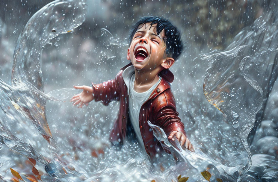 Child in Brown Jacket Playing in Rain with Autumn Leaves