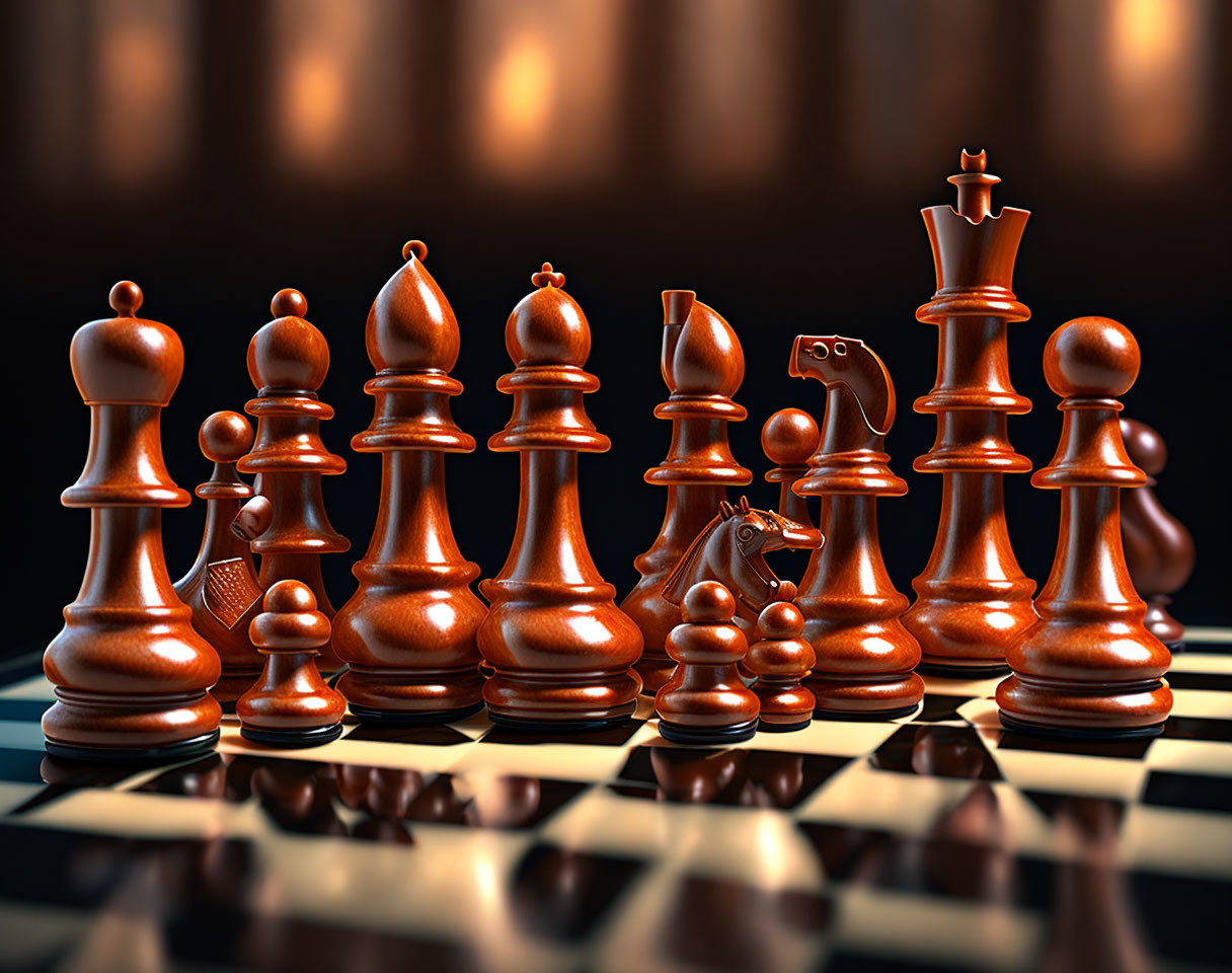 Polished wooden chess pieces on chessboard with warm light, dark background