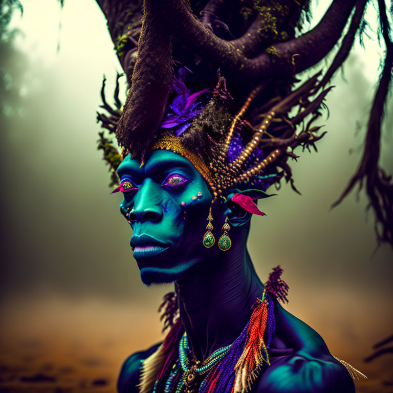 Blue Body Paint and Horned Headdress in Moody Foggy Setting