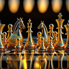 Polished wooden chess pieces on chessboard with warm light, dark background