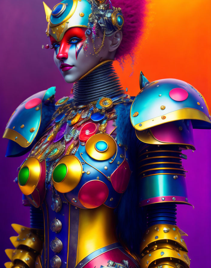 Colorful portrait of a person in fantasy armor on vibrant background