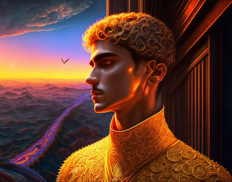 Stylized man with golden hair in ornate clothing overlooking sunset landscape