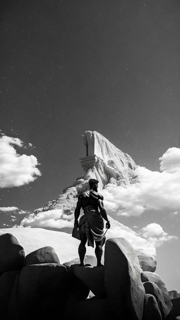 Monochrome image of person on rocky terrain gazing at towering mountain under starry sky