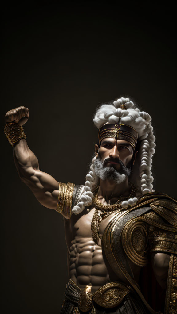 Muscular man in ancient warrior costume poses heroically against dark backdrop