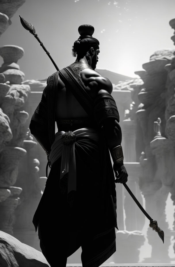 Monochrome image: Ancient warrior with spear in misty canyon