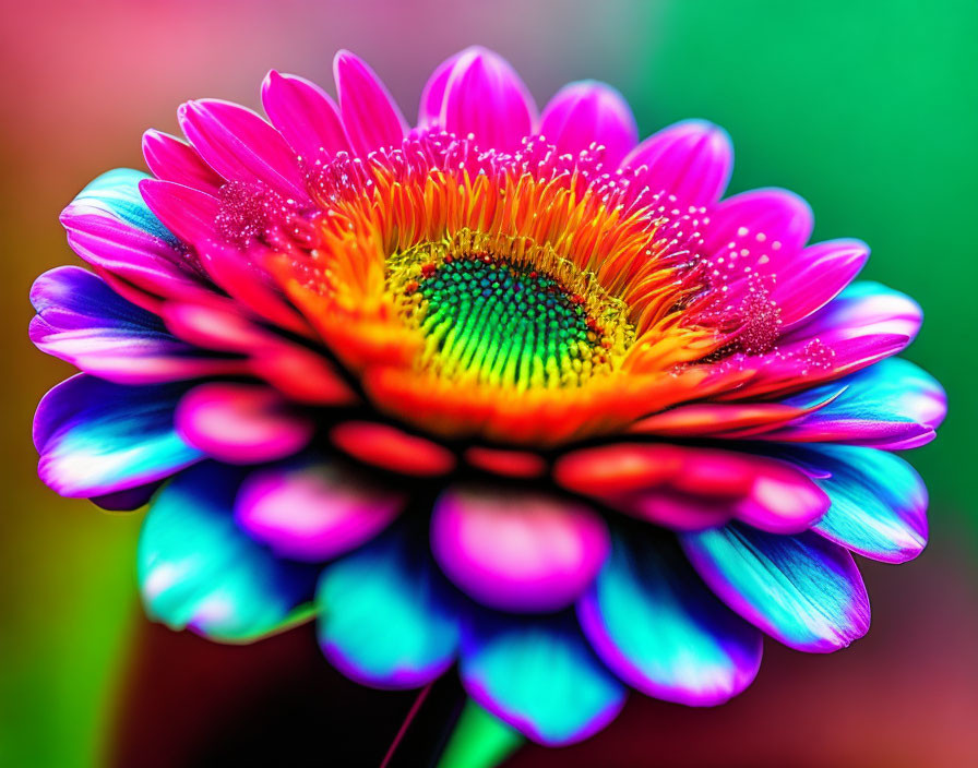 Detailed Multi-Colored Flower with Pink to Purple Petals on Blurry Green and Red Background