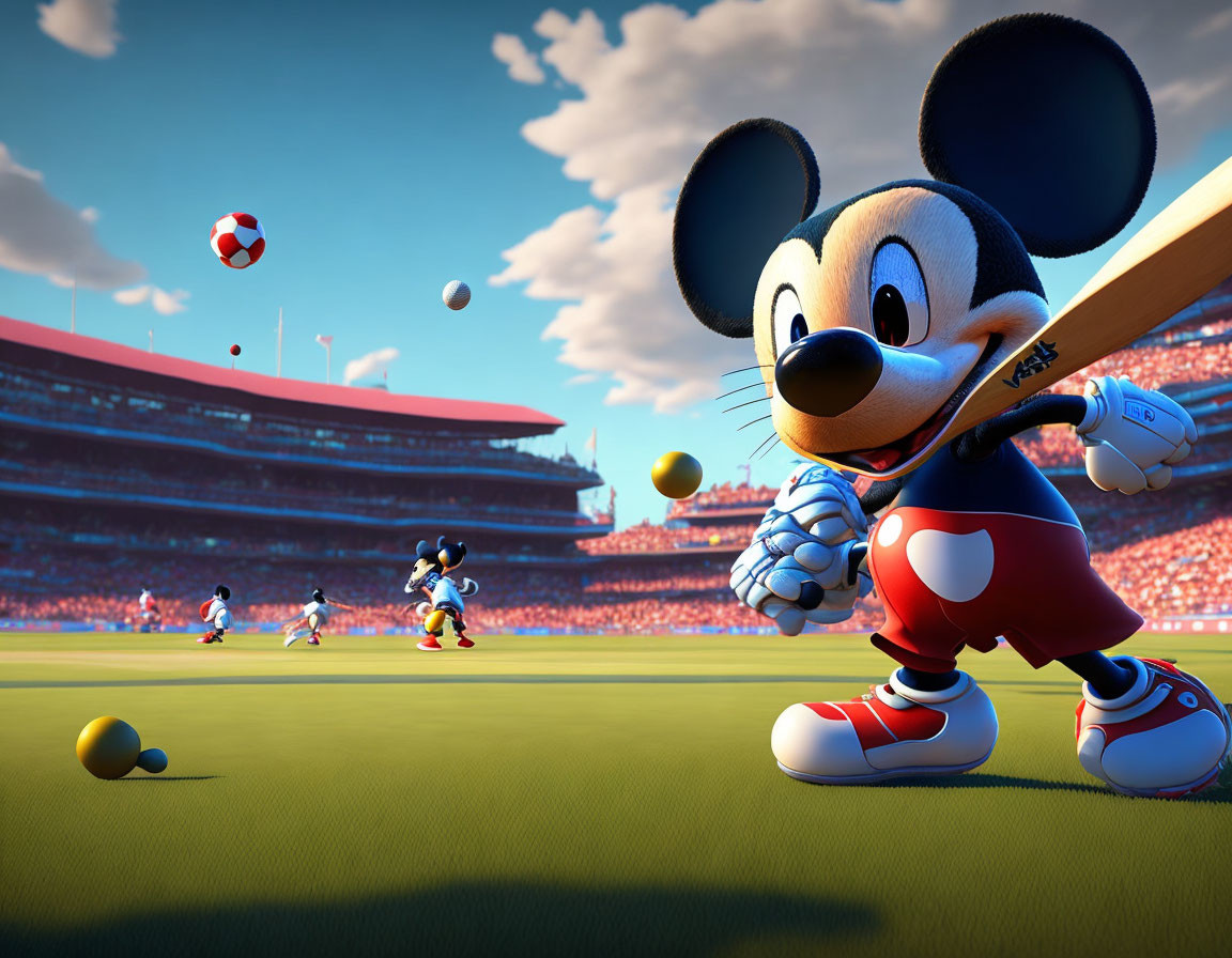 Cartoon character playing baseball in stadium scene with multiple balls and characters in background.