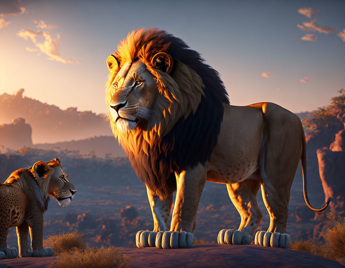 Majestic adult lion and cub on rock in 3D rendering