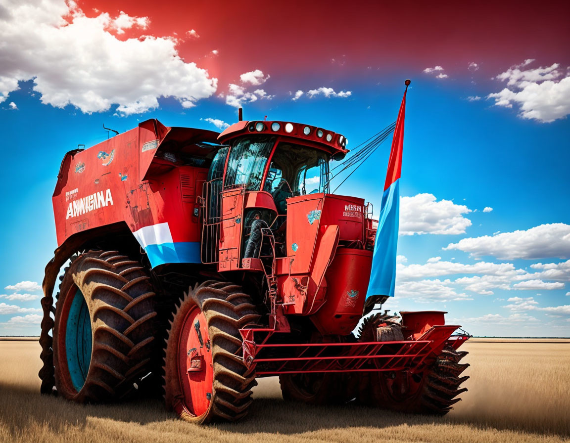 Red Ammann Agricultural Combine Harvester in Wheat Field