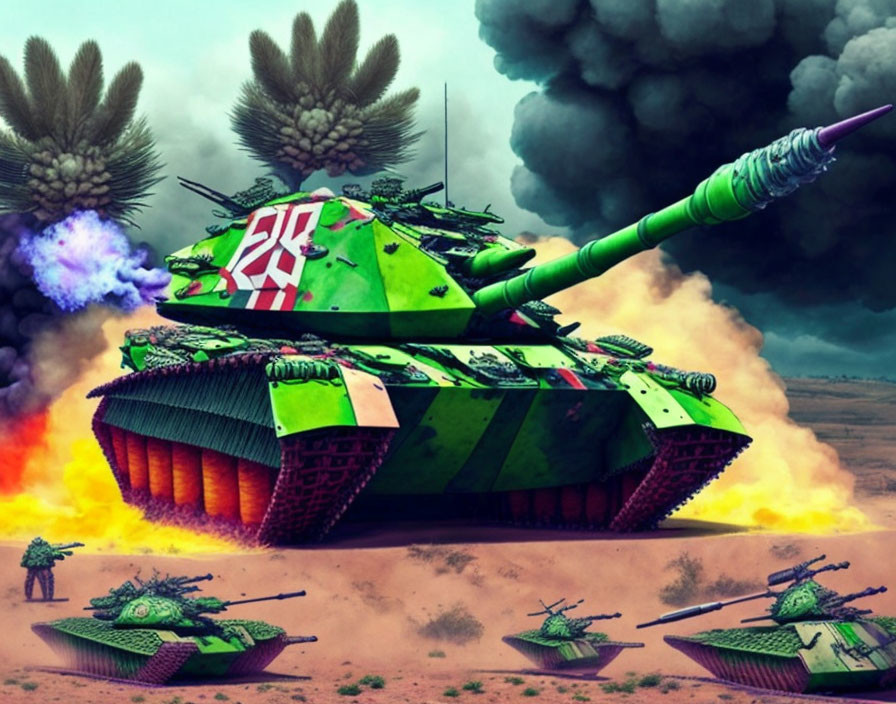 Colorful Tank Battle Scene with Pineapple Turrets and Explosions