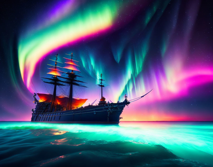 Tall ship sailing on turquoise waters under vibrant aurora borealis