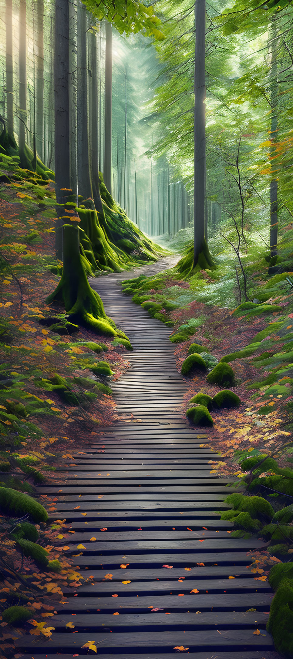 Tranquil woodland path with wooden boardwalk in misty forest