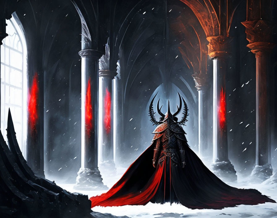 Cloaked figure with horns in gothic hall with red-lit windows and falling snow