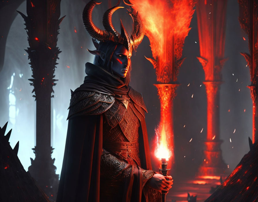 Horned figure in ornate armor with torch in fiery gothic hall.