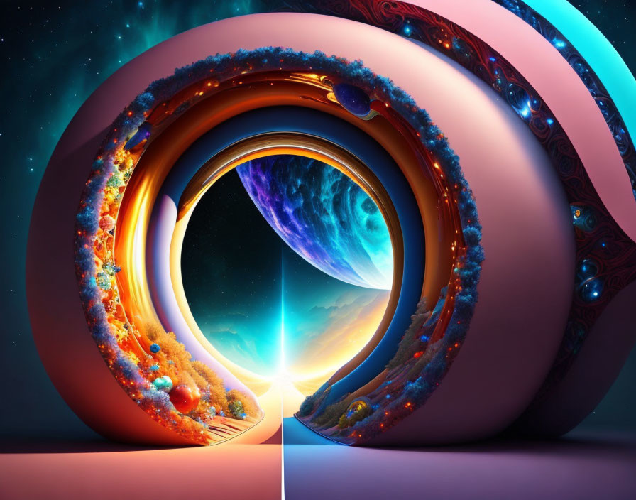 Surreal digital artwork: spiral structures, cosmic and floral elements, vibrant backdrop with planet and bright