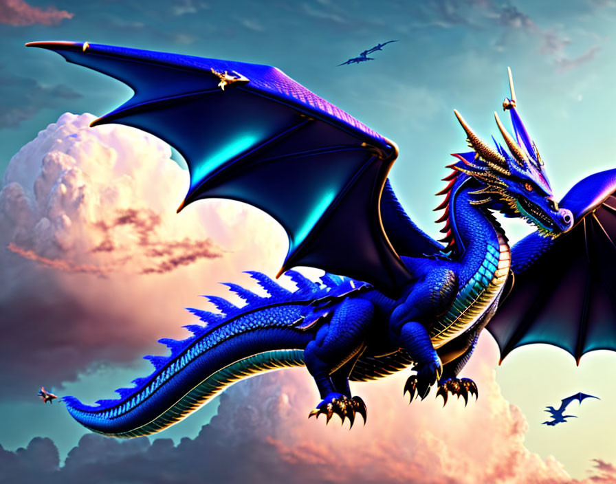 Majestic blue dragon flying with smaller dragons under dramatic sky