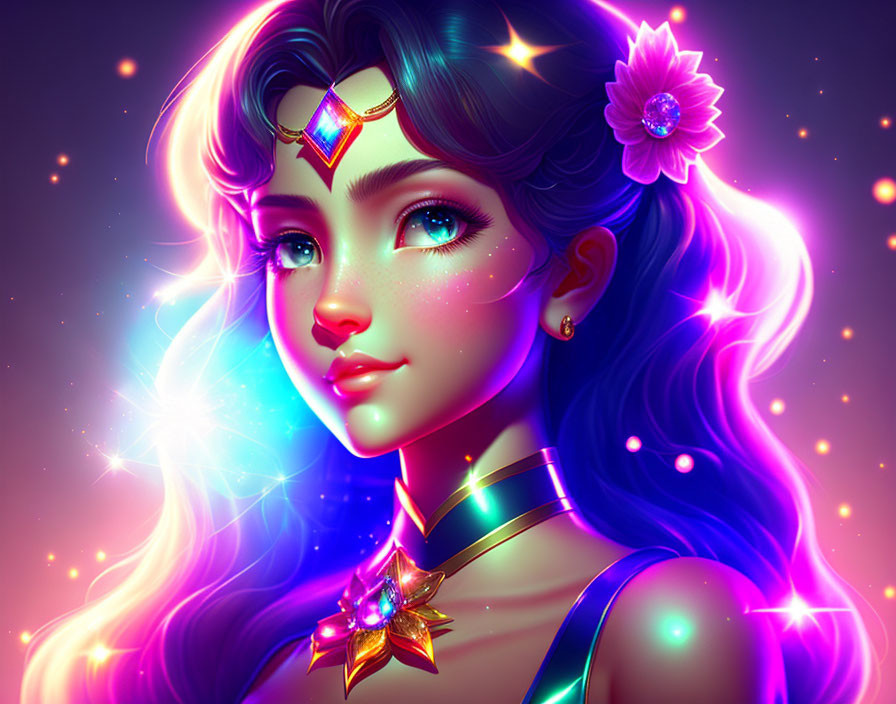 Female character with turquoise hair and glowing jewelry on vibrant purple and pink backdrop.