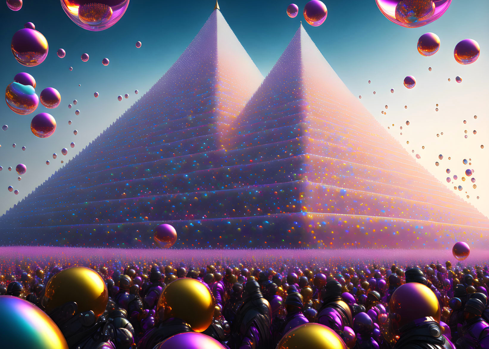 Surreal landscape with luminescent pyramids and shiny spheres