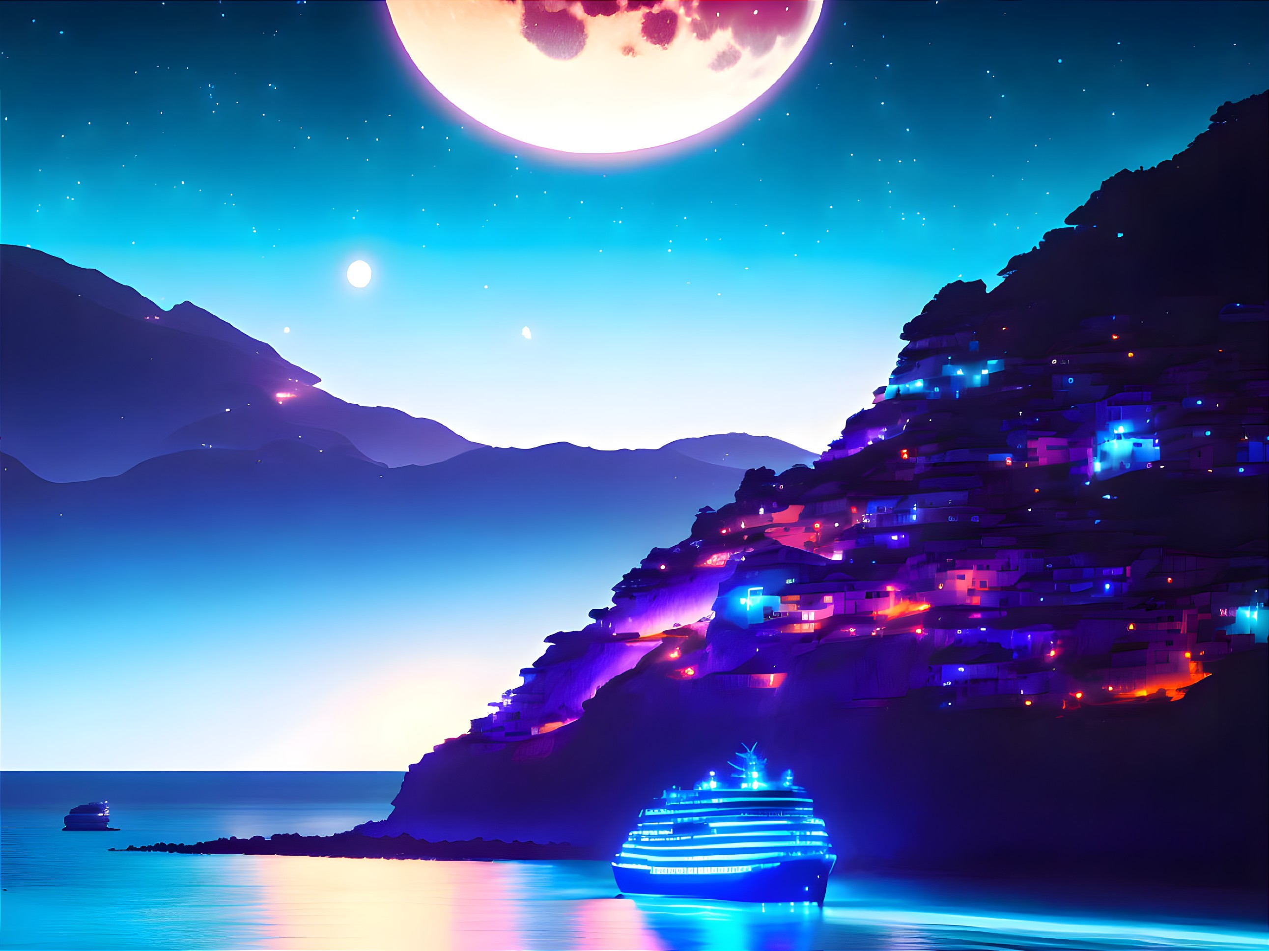 Moonlit coastal scene with hillside buildings and boats in vibrant digital artwork