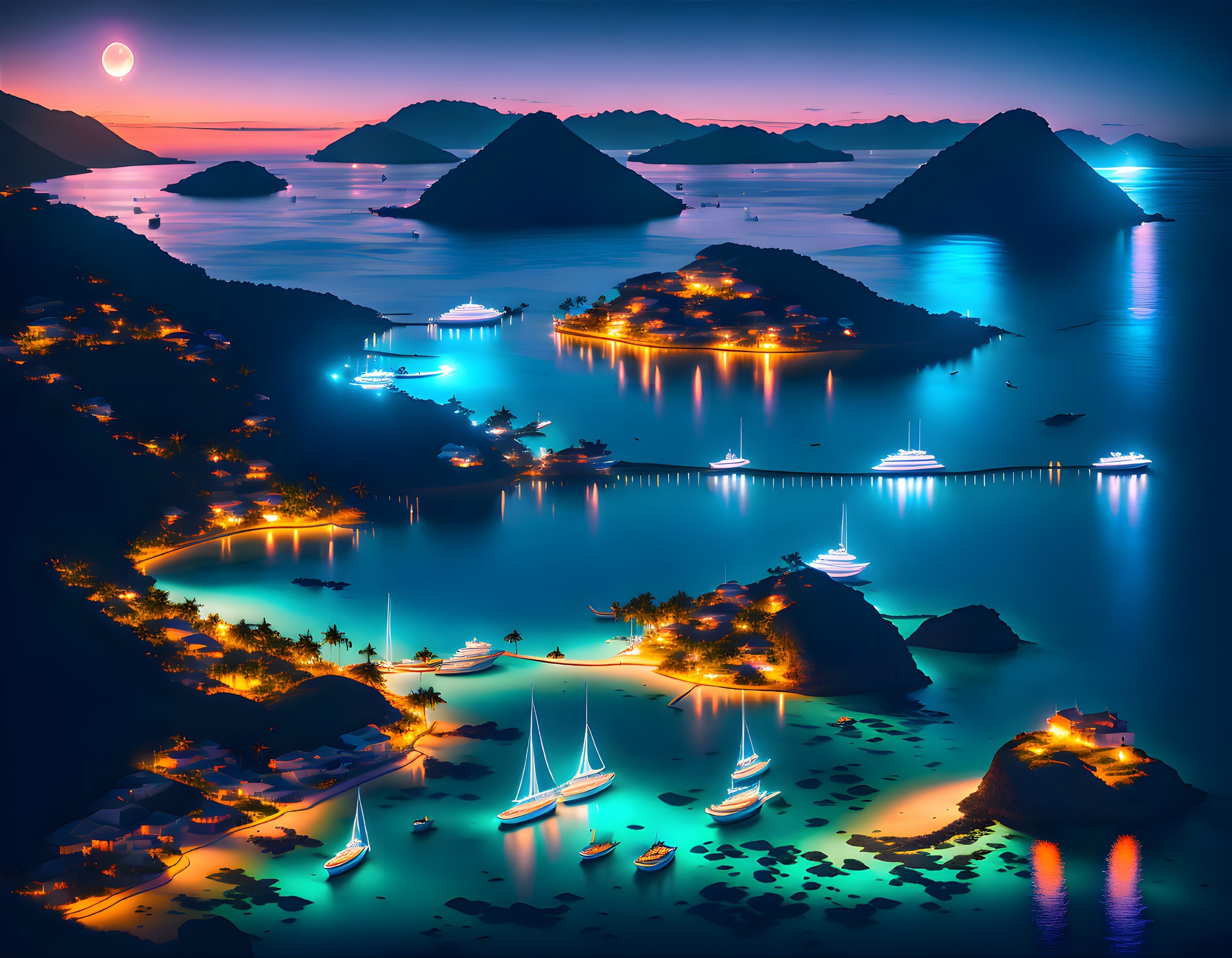 Moonlit Coastal Bay with Illuminated Yachts & Islands