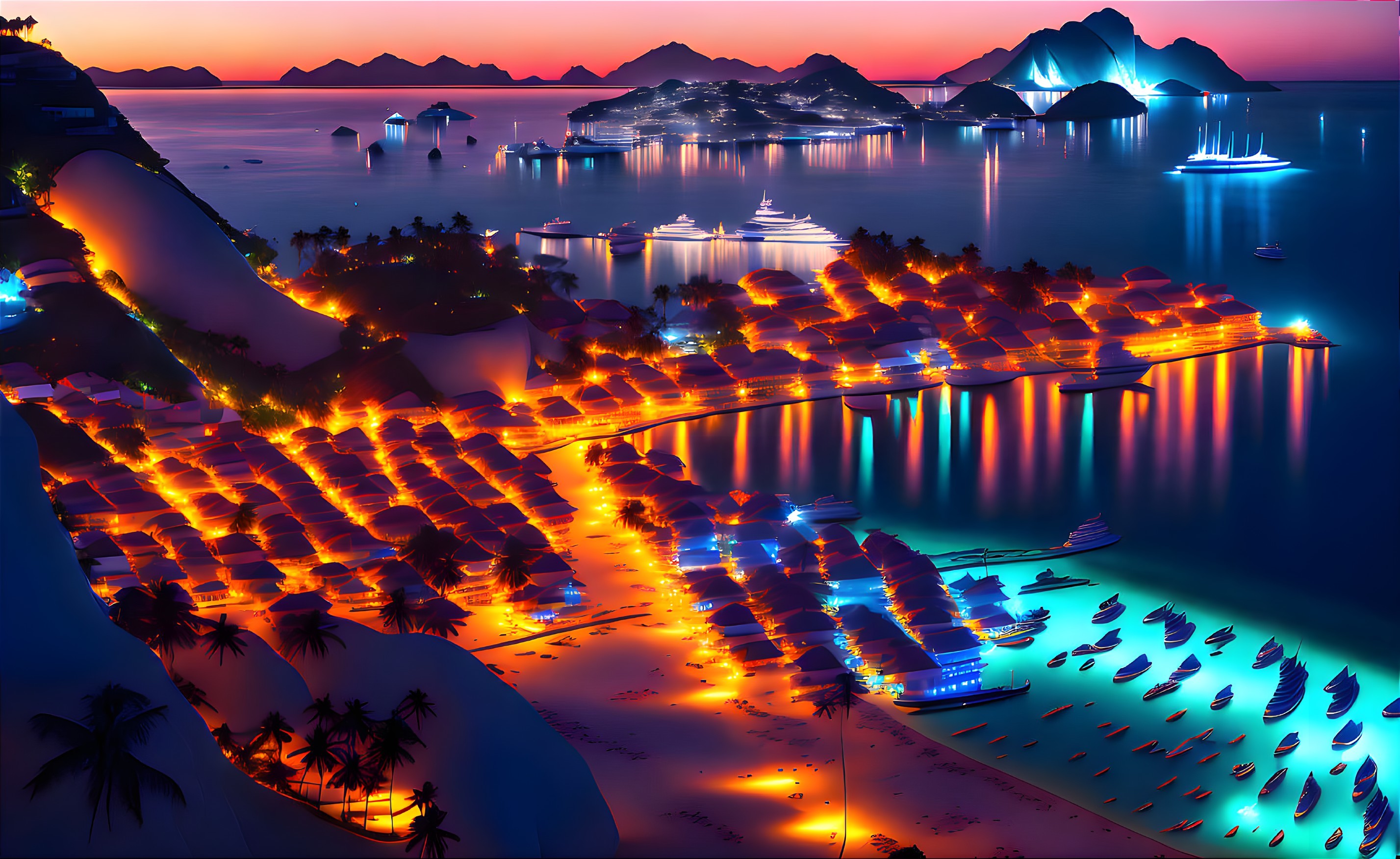 Neon-lit beachscape at night with palm trees, boats, and mountains