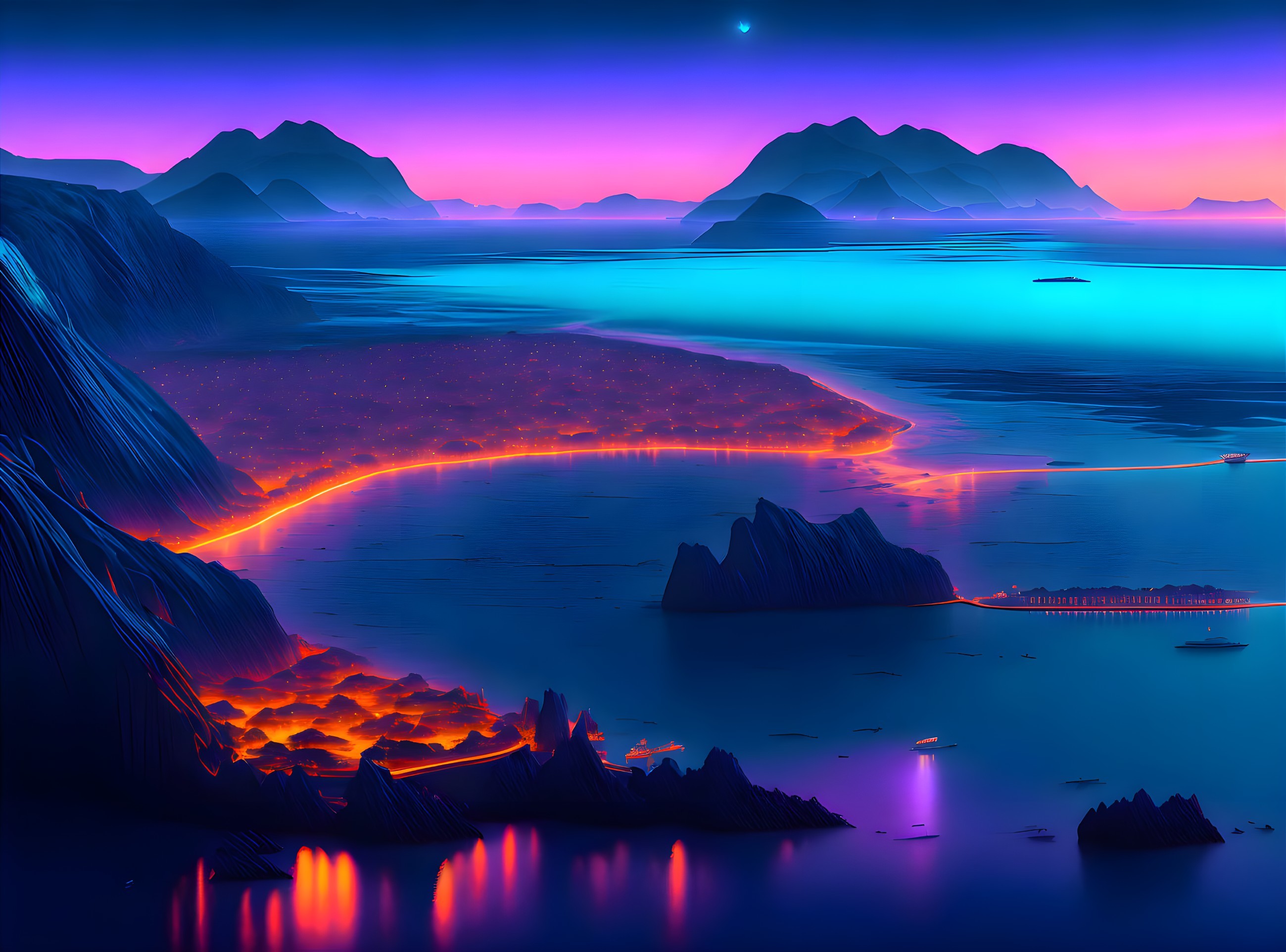 Neon-lit futuristic landscape with glowing lava patterns