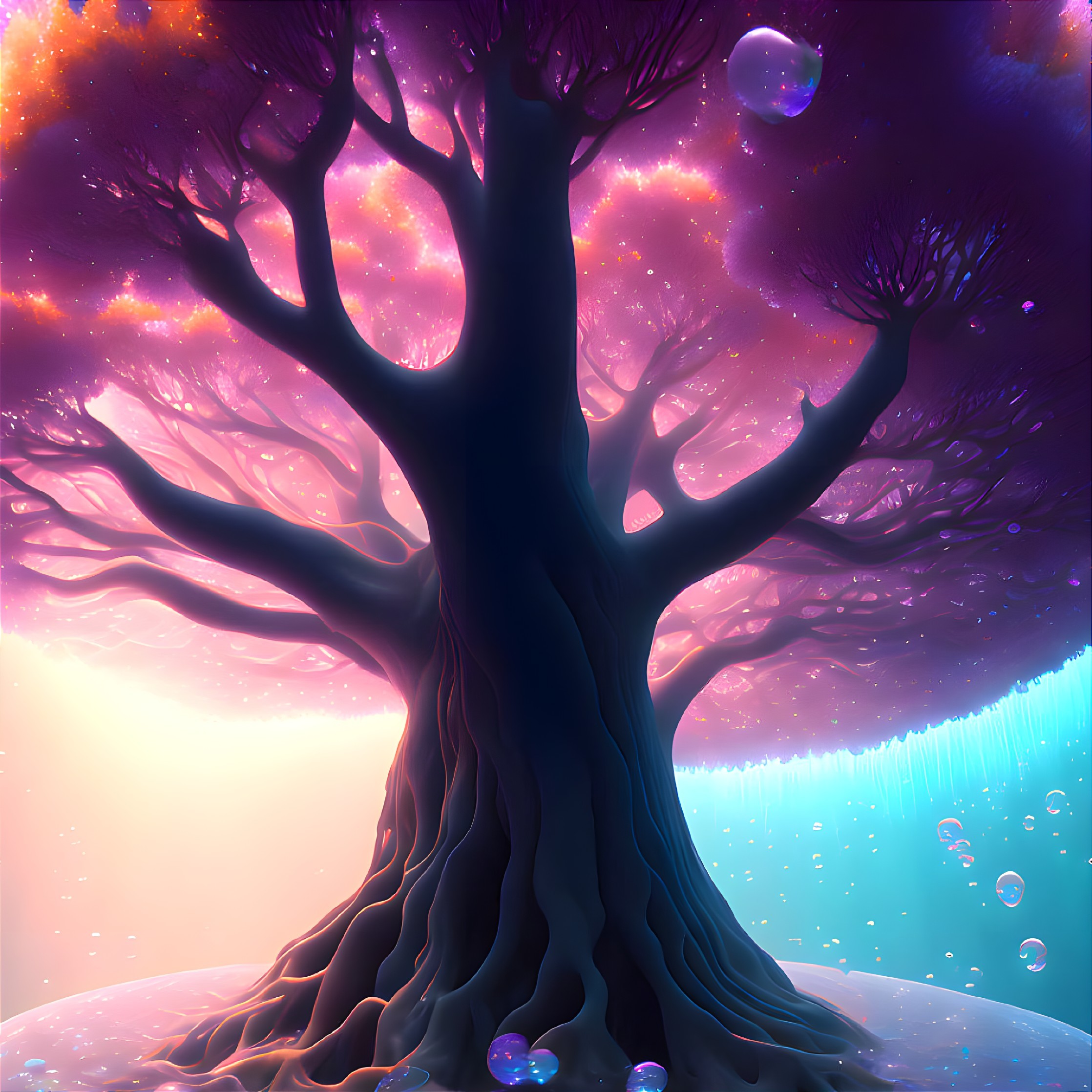 Majestic tree in surreal landscape with purple foliage