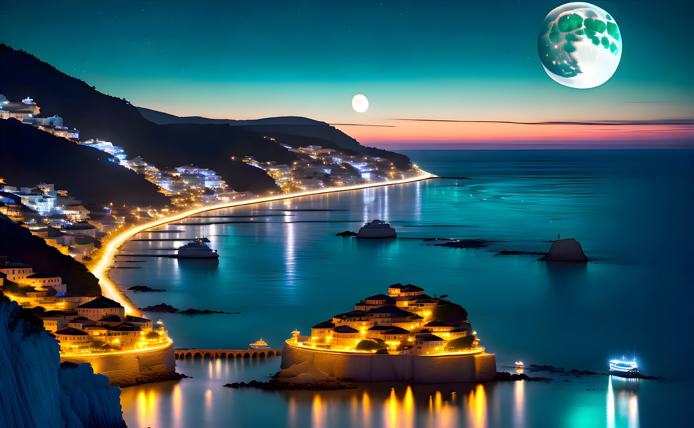 Coastal Nighttime Scene: Illuminated Buildings, Curving Shore, Yachts, Moon &