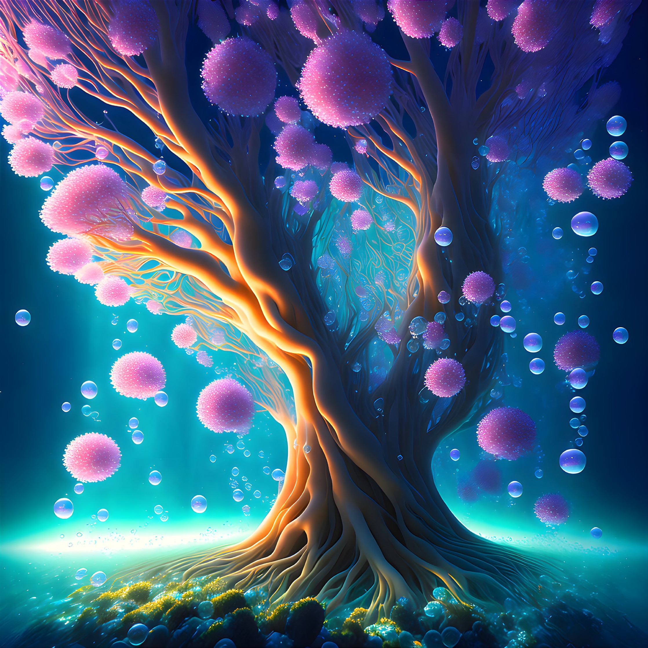 Vibrant underwater scene with glowing tree-like structure and luminescent jellyfish