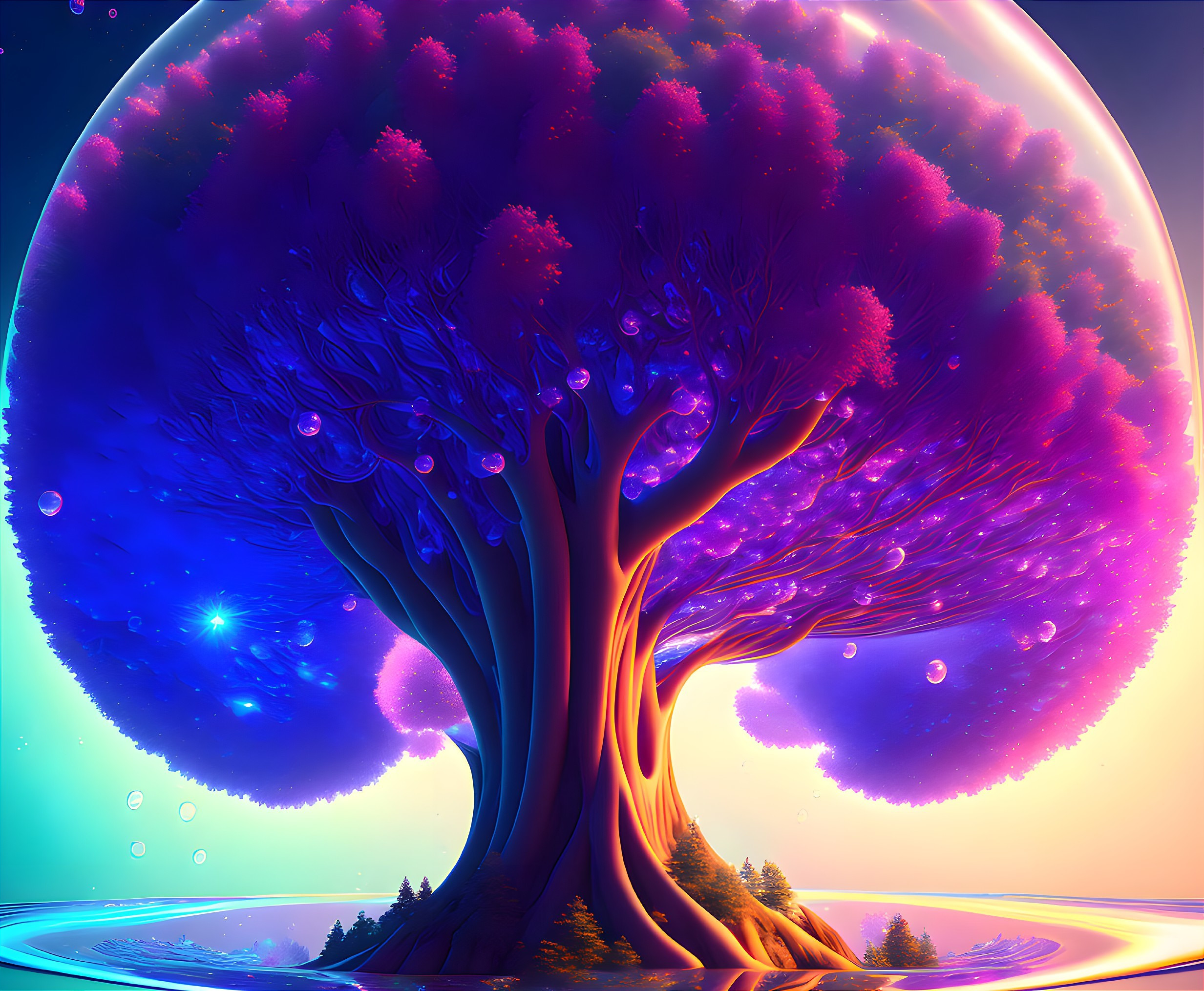 Colorful digital art: Giant tree in bubble with purple and pink leaves, surrounded by smaller trees and