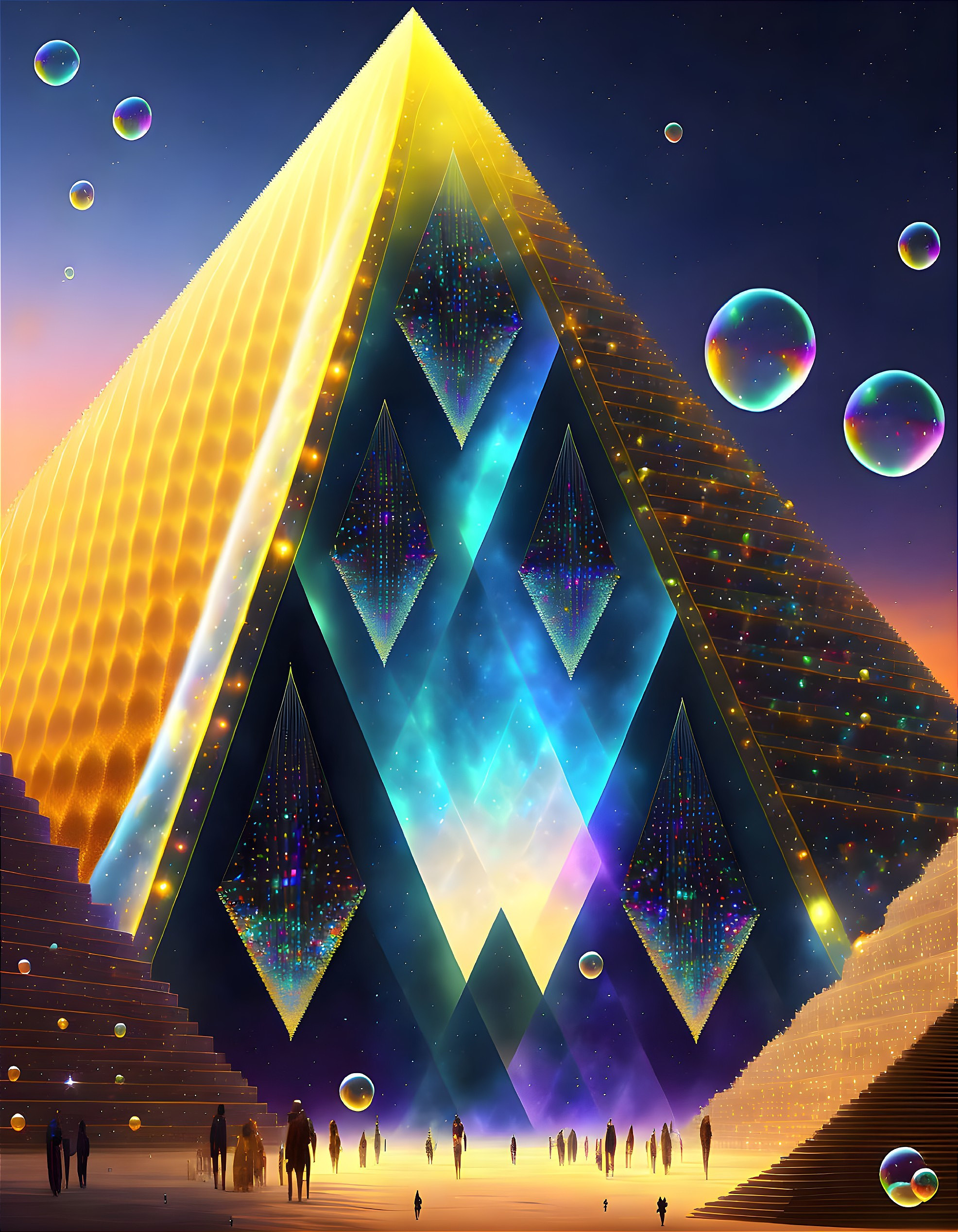 Futuristic pyramid with intricate patterns in twilight sky