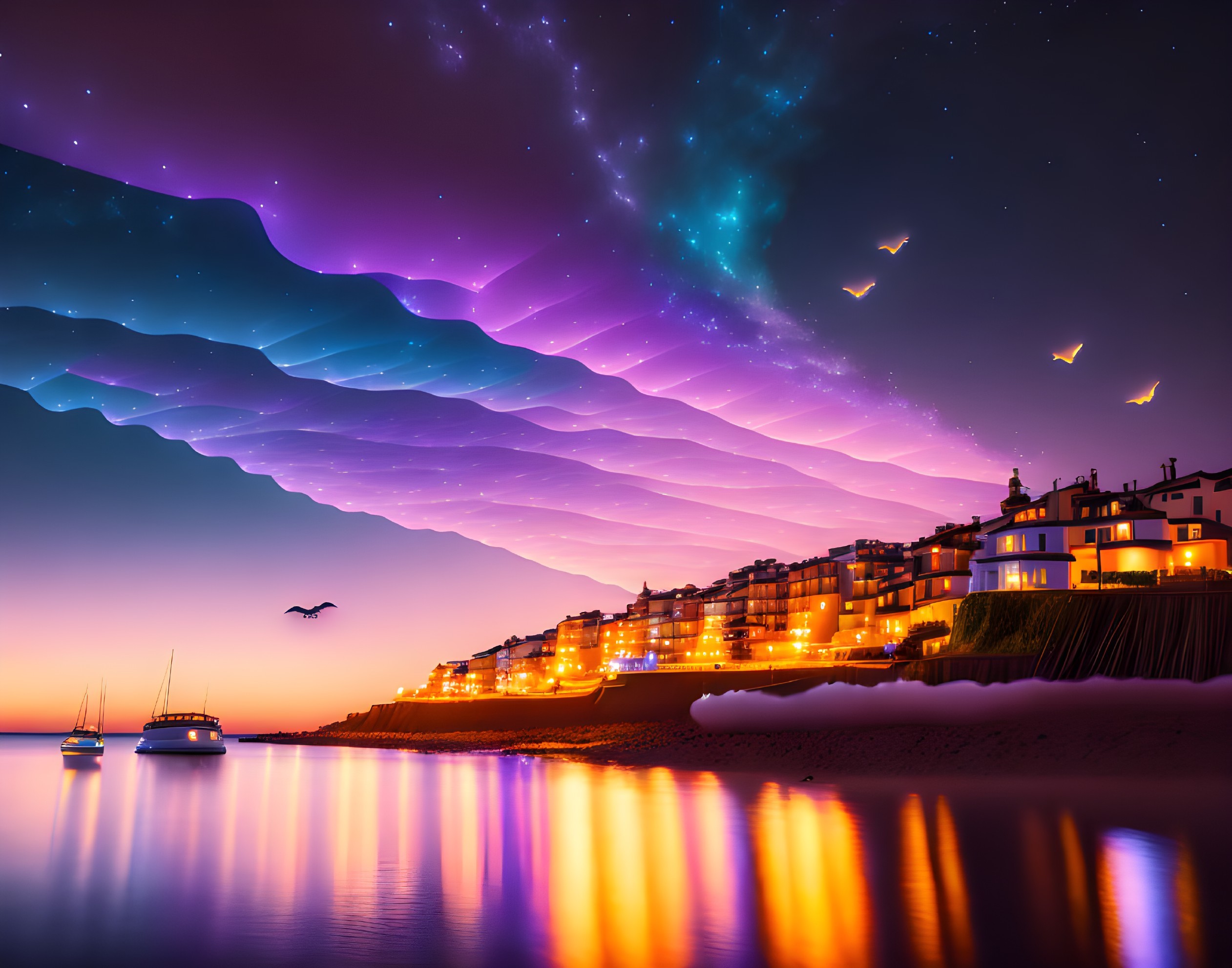 Colorful night sky over coastal town with boats and sandy beach