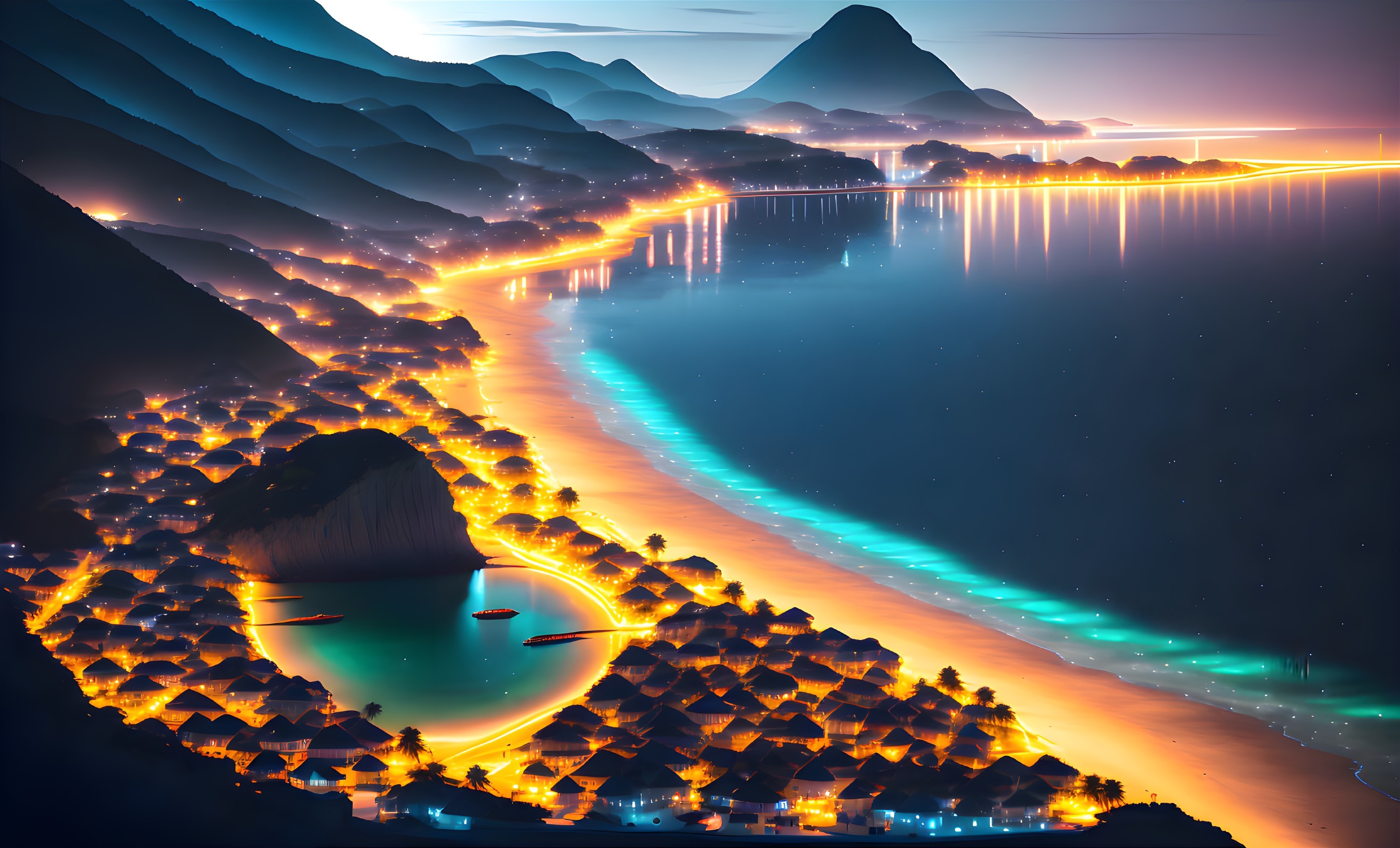 Illuminated Coastal Village at Night with Mountains and Starry Sky