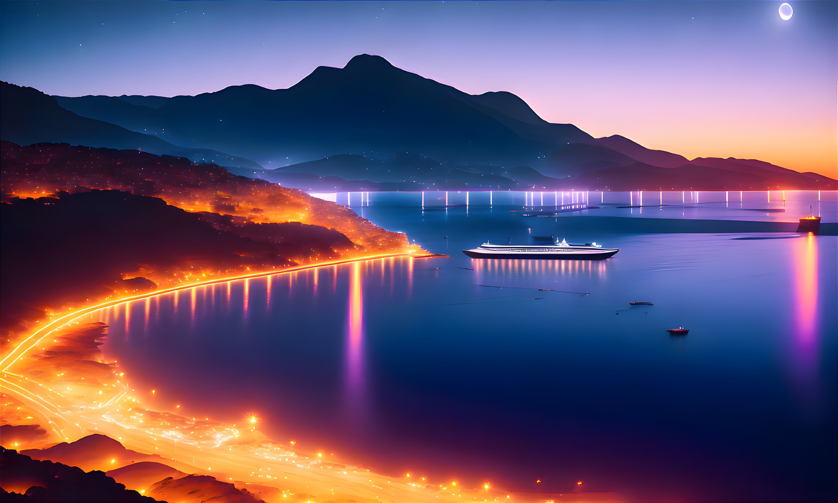 Night coastal road with streetlights, bay, boats, and bridge under starry sky