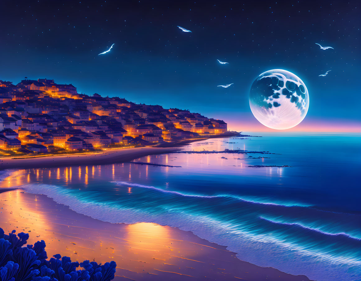 Coastal night scene with large moon, illuminated houses, and starry sky