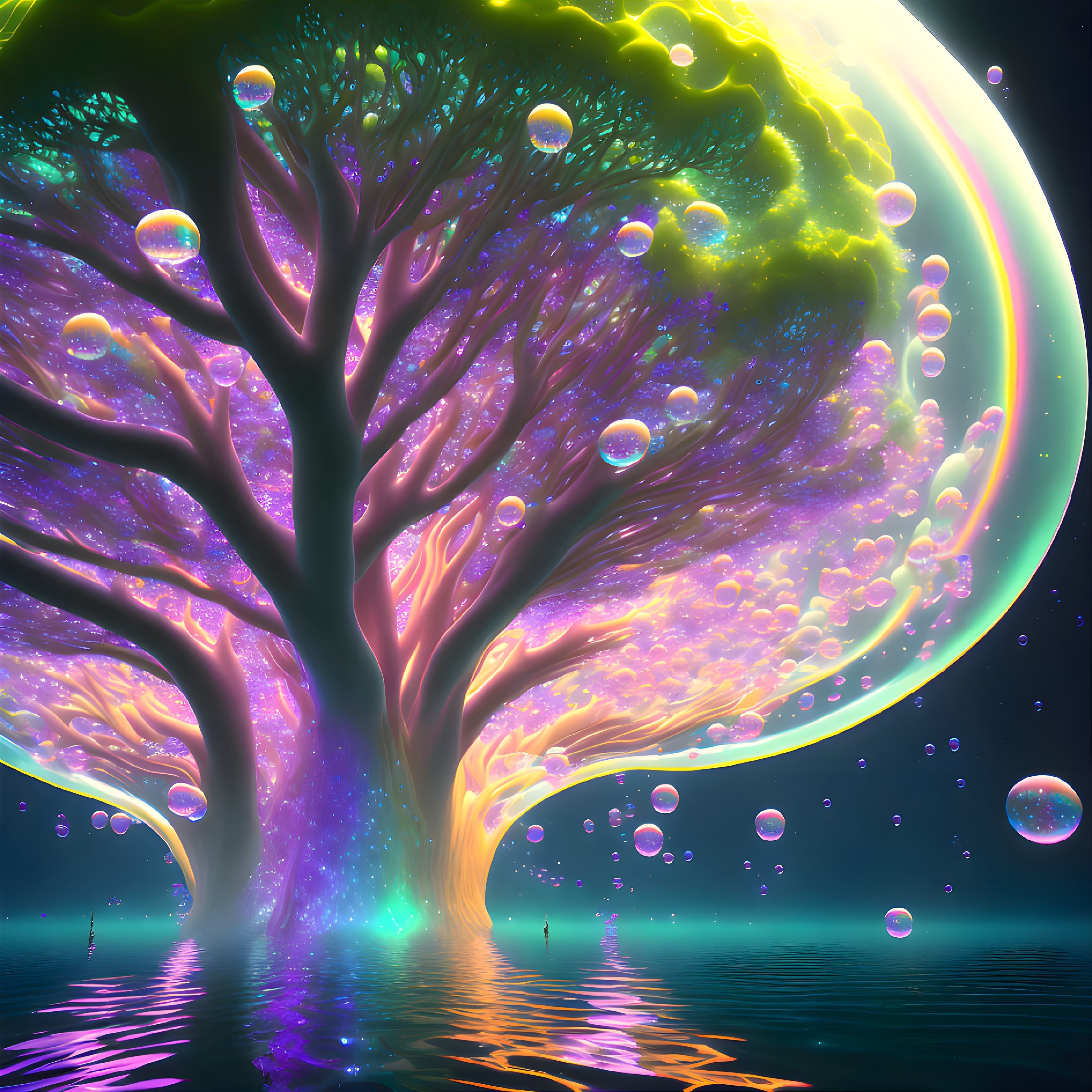 Colorful digital artwork: Magical tree with purple and golden foliage, bubbles, and green celestial body.