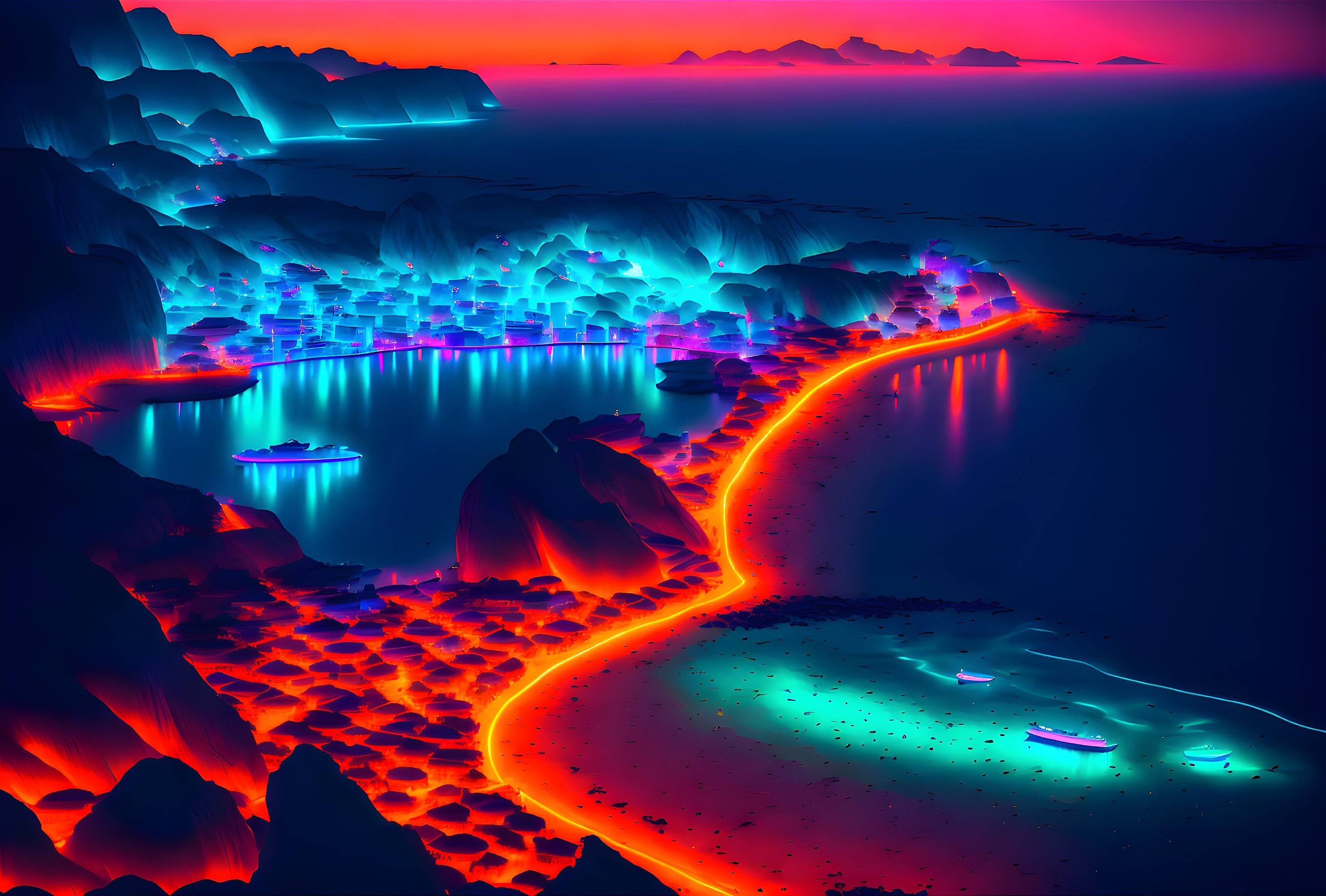 Neon-lit digital artwork of lava river and glowing flora