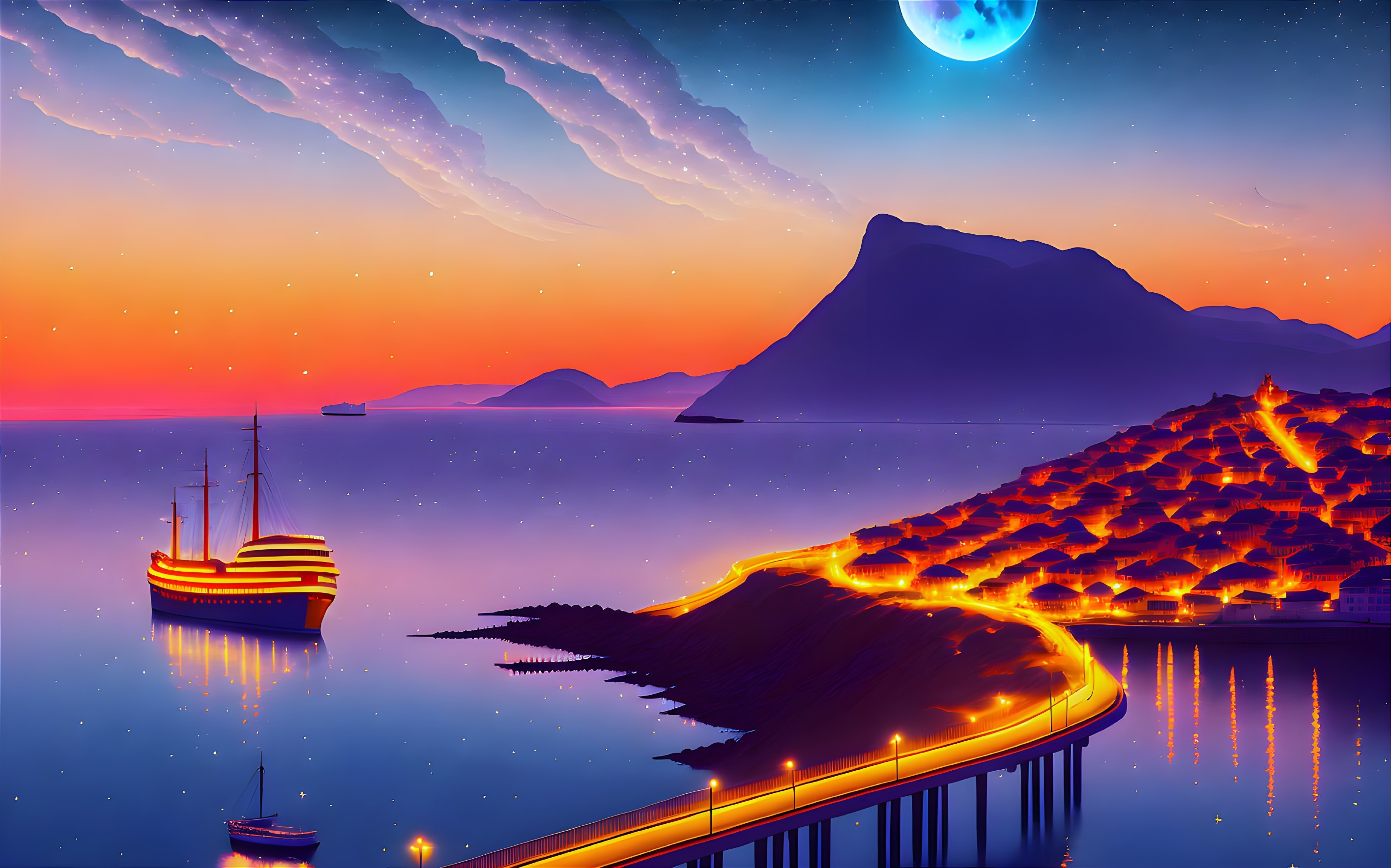 Vibrant coastal night scene with glowing road, docked ship, starry sky, and large