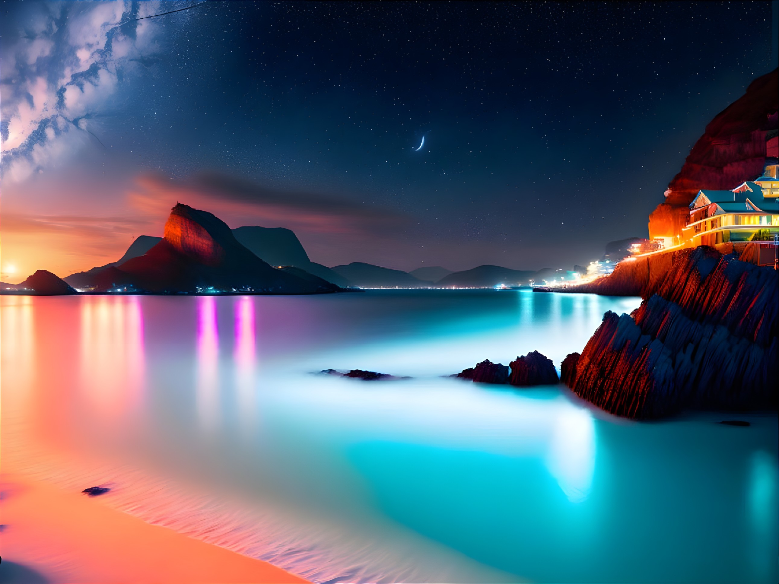 Vibrant coastal nightscape with illuminated buildings and starlit sky