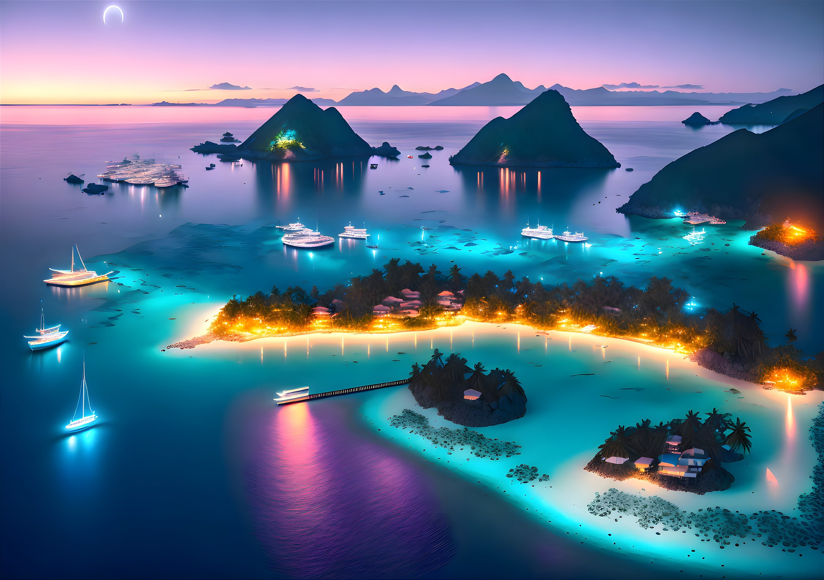 Twilight scene: Tropical bay with yachts, crescent moon, beachfront huts